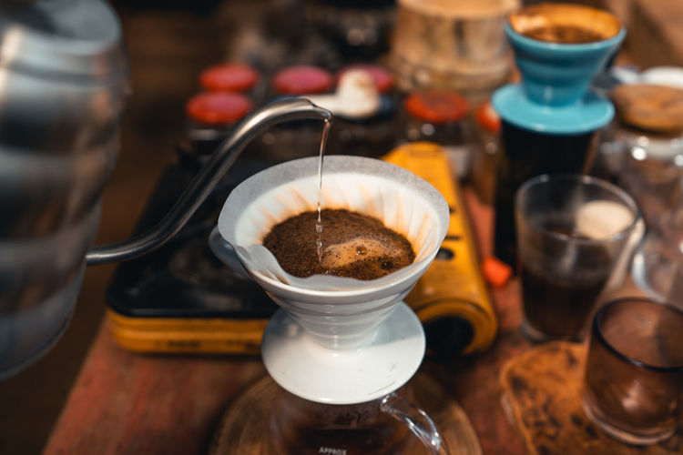 High angle view of coffee cup on table