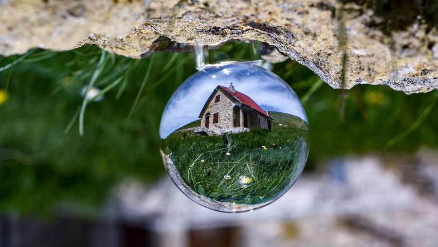 Close-up of crystal ball hanging on glass