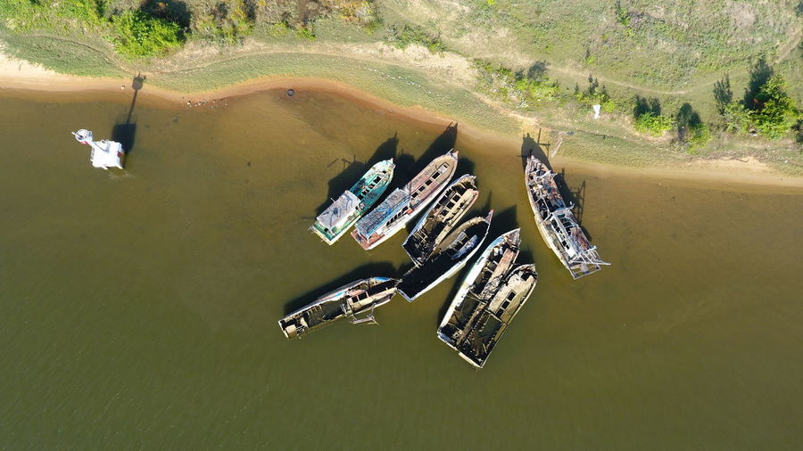 High angle view of boats on shore