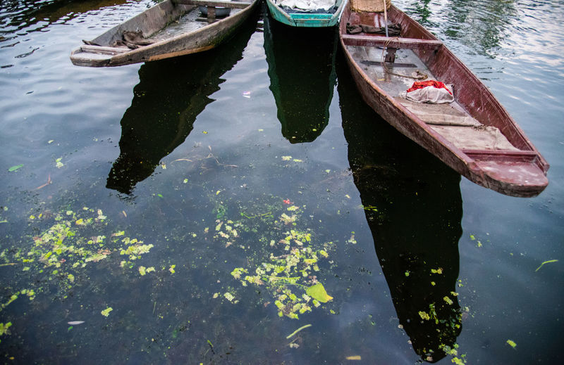 High angle view of boats moored in lake