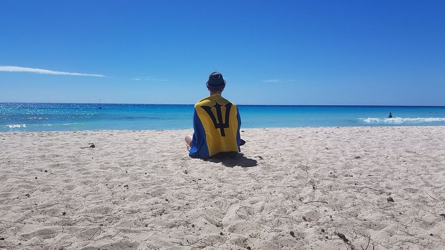 Rear view of man sitting on beach against sky 