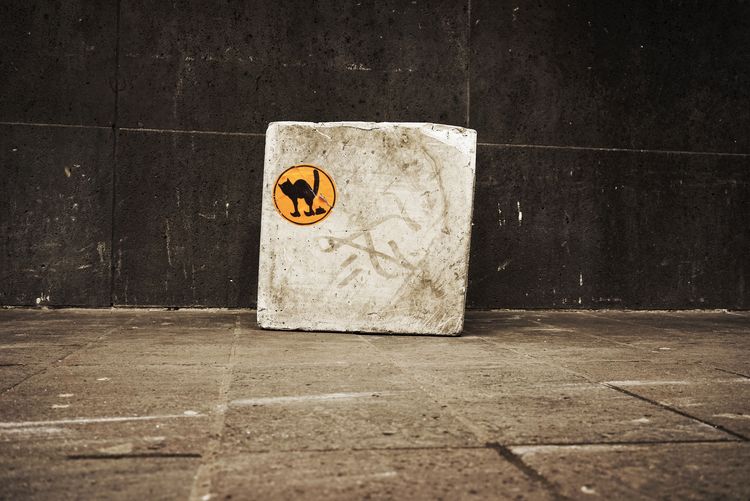 High angle view of cat sign on concrete block