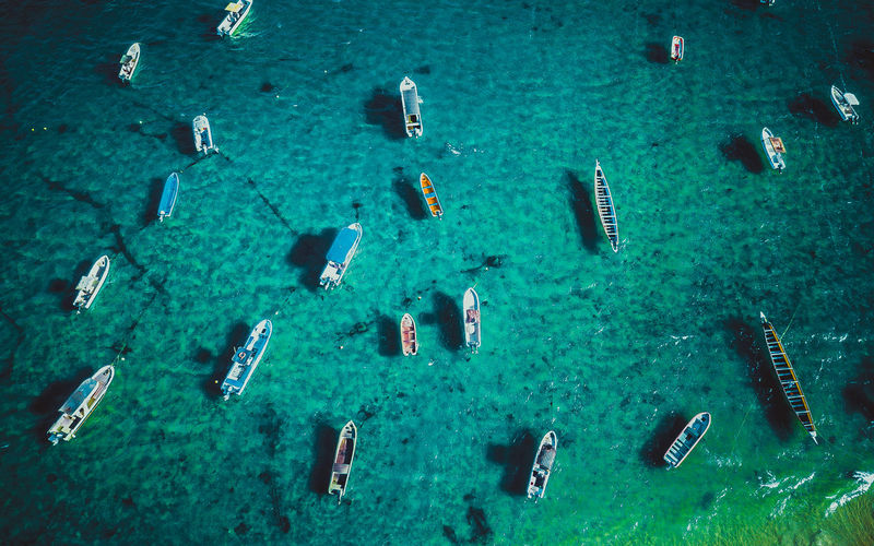 Aerial view of fishing boat moored at sea