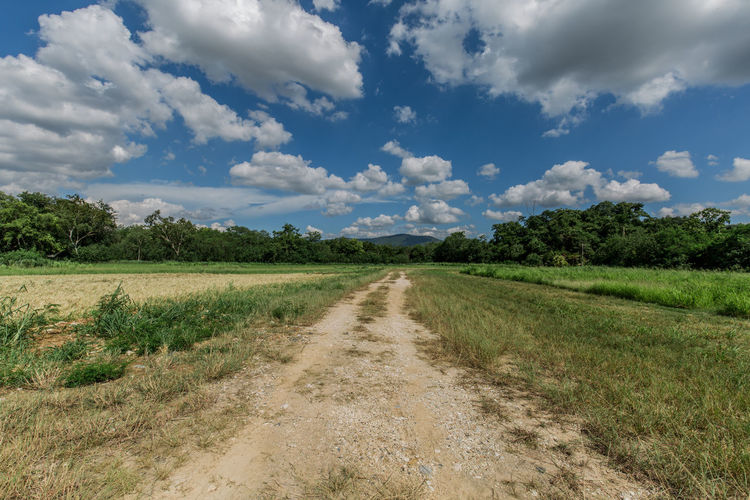 Dirt road amidst field against sky