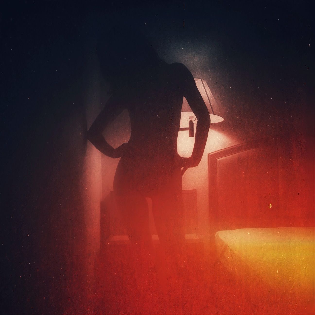 indoors, night, illuminated, dark, silhouette, red, wall - building feature, lifestyles, window, light - natural phenomenon, men, leisure activity, copy space, darkroom, full length, auto post production filter, unrecognizable person, glowing