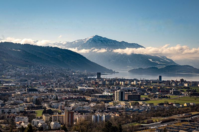 High angle view of townscape zug against sky 
