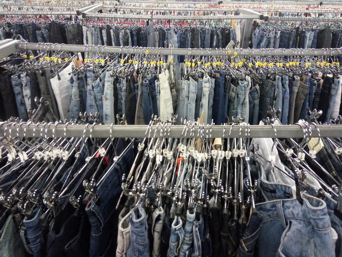 High angle view of clothes hanging on rack