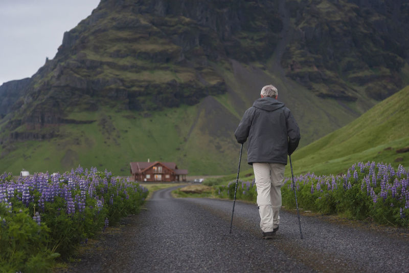 Iceland, man walking on country road