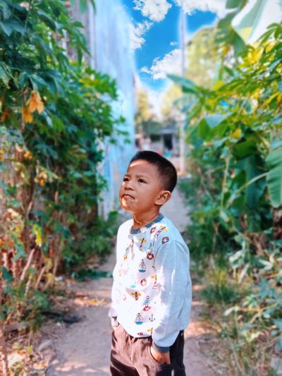 Boy looking away while standing amidst plants