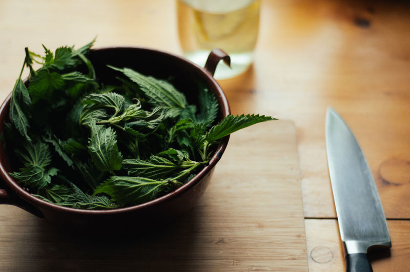 High angle view of stinging nettle leaves in container with knife on table
