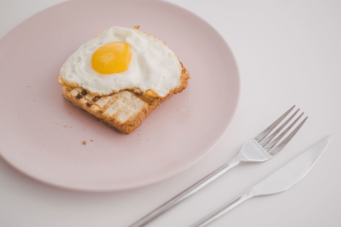 High angle view of fried egg with toasted bread in plate