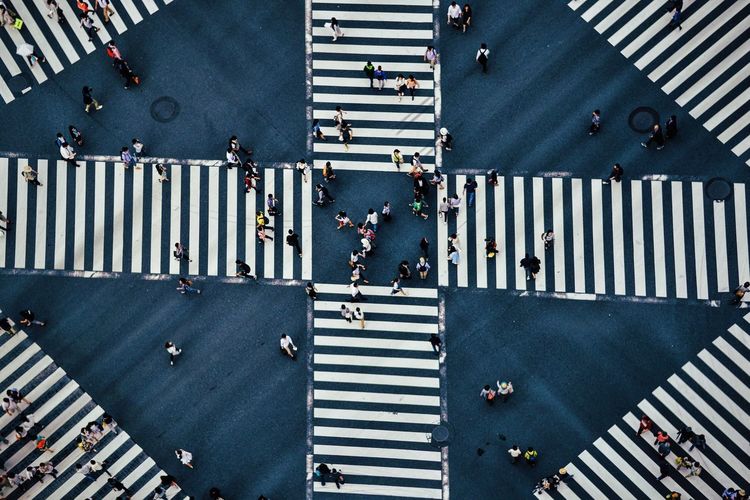 High angle view of people on pedestrian crossing