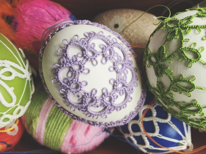 Close-up of embroidered easter eggs at home