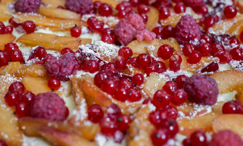 Fresh baking cake with fresh cranberries, raspberry, apples and apricots on top