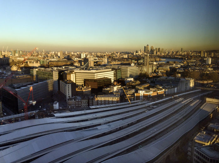 High angle view of cityscape against clear sky