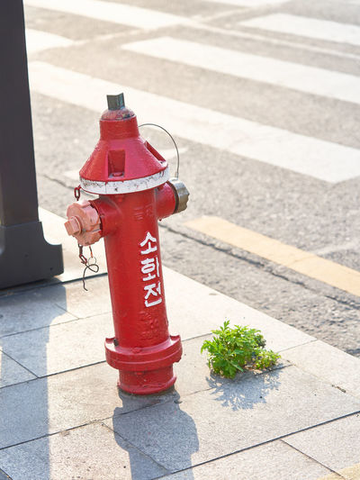 Red fire hydrant on footpath in city