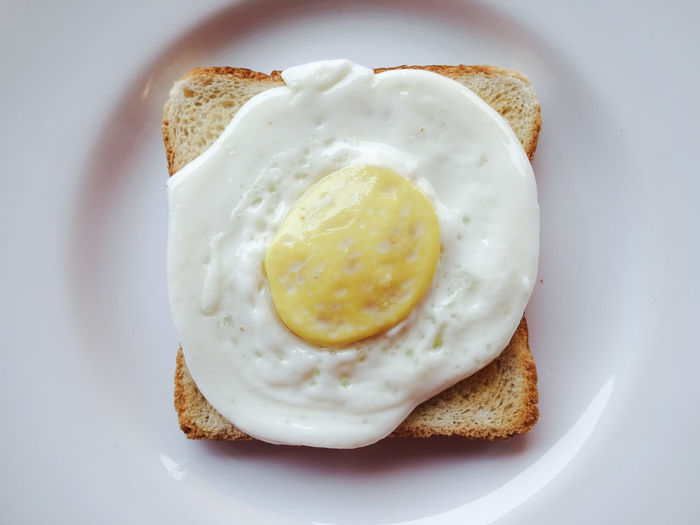 Directly above shot of fried egg on bread in plate