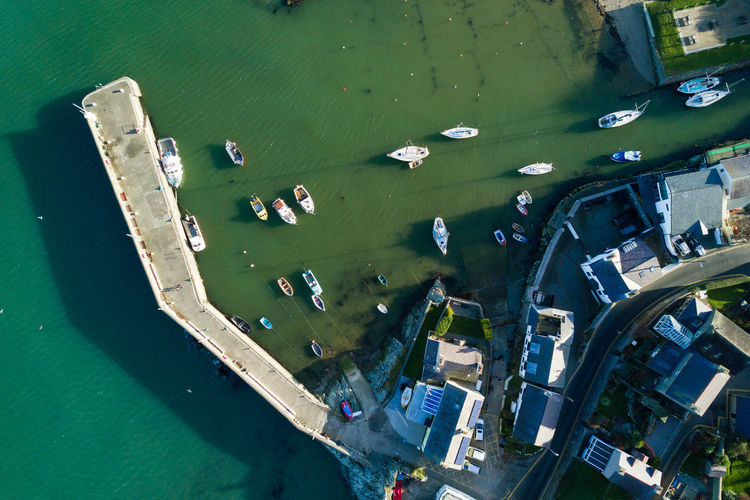 High angle view of boats in city