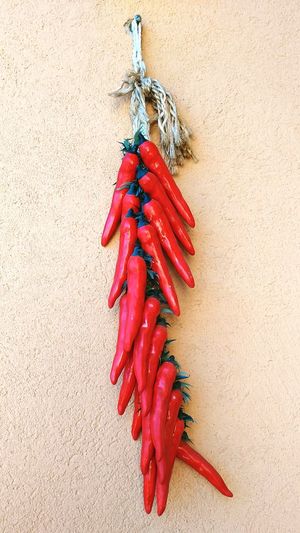 Close-up of red chili next to wall