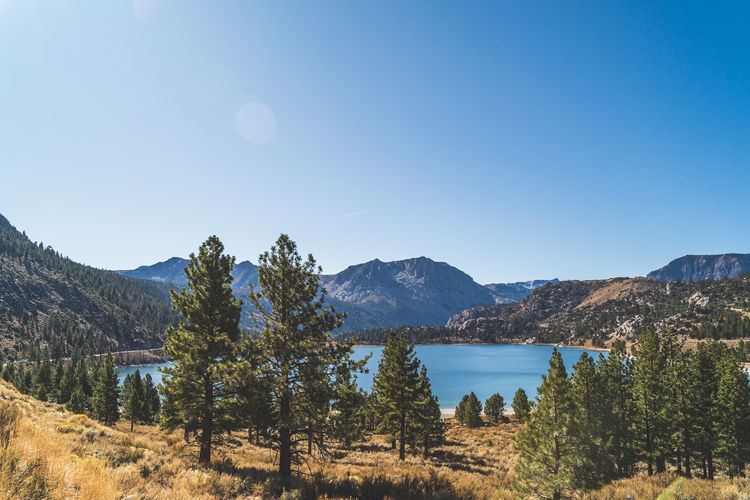 Scenic view of landscape and mountains against clear sky