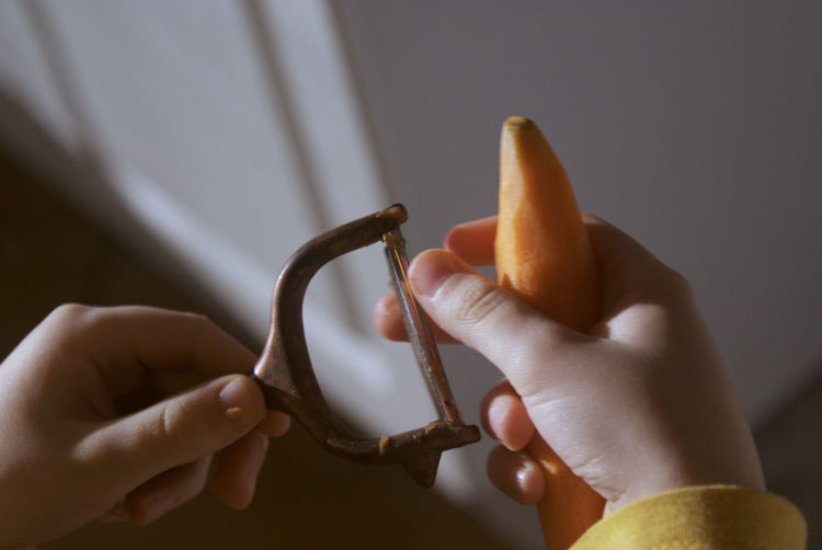 Close-up of hand holding carrot and peeler