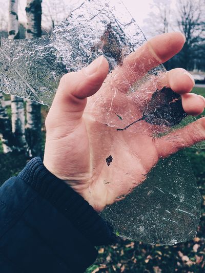 Close-up of cropped hand holding ice during winter