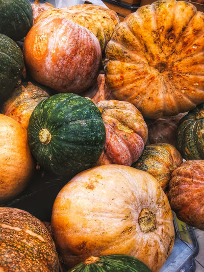 Bright decorative pumpkins. natural background. beautiful and healthy vegetarian food in the market.