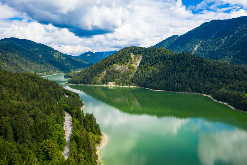 Aerial view of sylvenstein lake on cloudy summer day