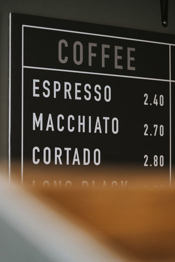 Close-up of coffee menu
