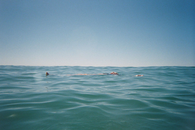 Scenic view of person floating in sea against clear blue sky