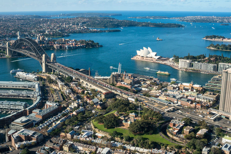 Aerial view of sydney cityscape with sydney harbour and landmarks. modern urban cityscape drone view
