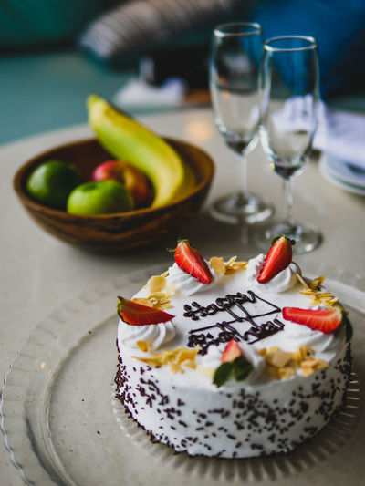 Close-up of birthday cake in plate on table