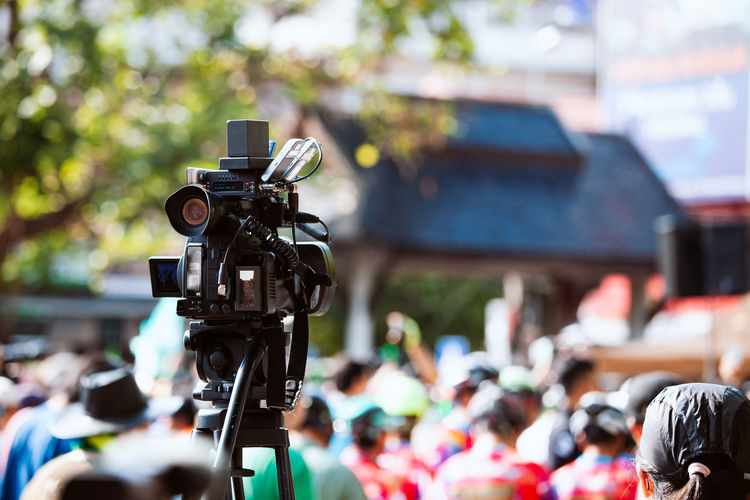 Close-up of a camera on stage