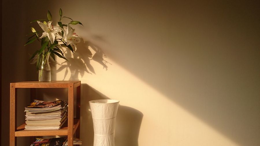 Vase on shelf against white wall