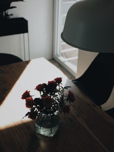 High angle view of roses in vase on table at home