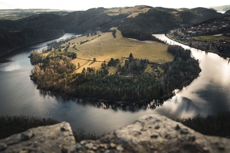 High angle view of river amidst trees