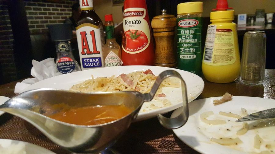 Close-up of soup in bowl on table