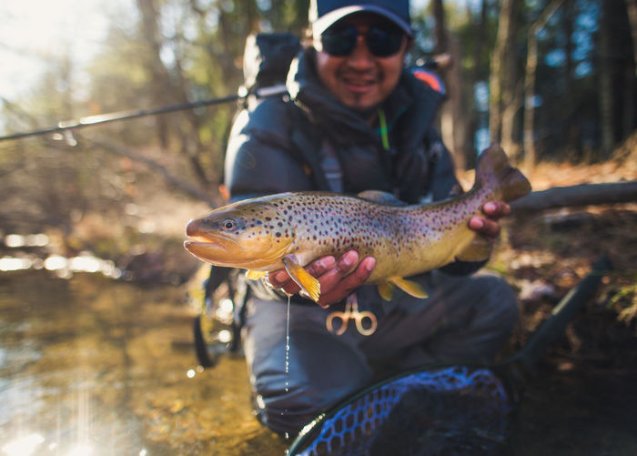 A man catches a large brown trout on a river in maine