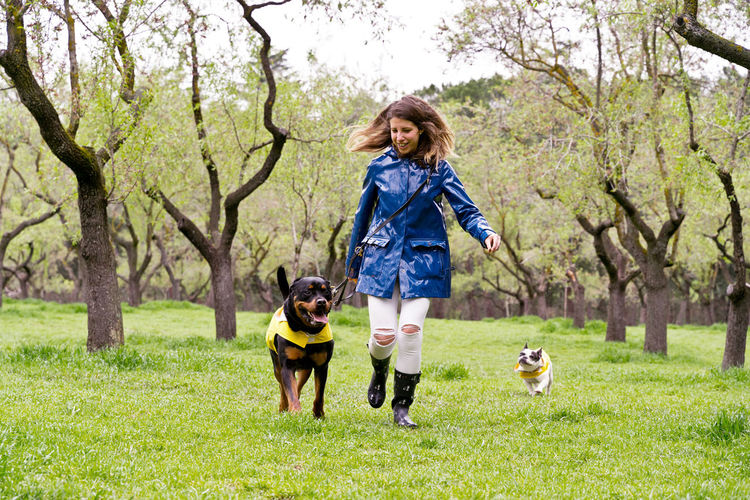 Portrait of young woman with dog on grassy field