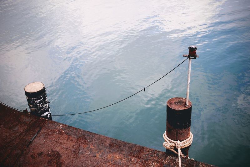 High angle view of boat moored in lake