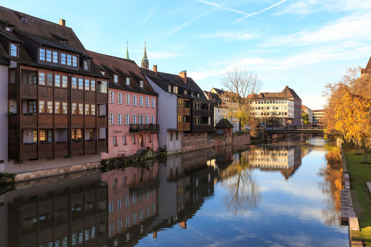 Reflection of houses in water against sky