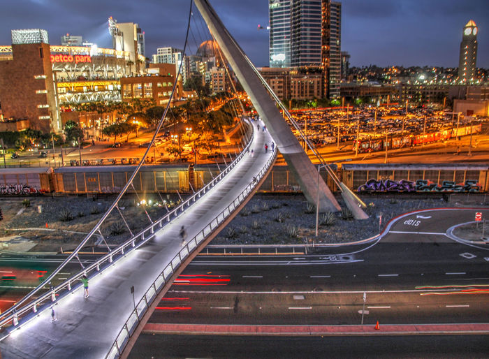 Light trails on bridge in city