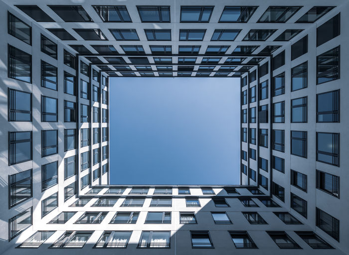 Directly below shot of modern building against clear sky