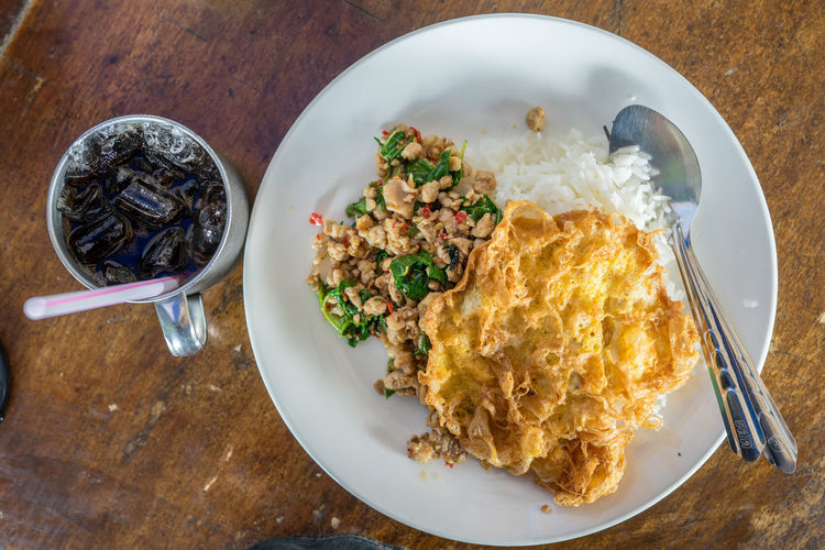 High angle view of breakfast served on table