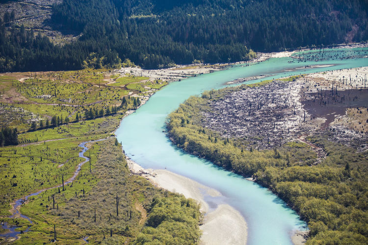 Aerial view of the stave river, british columbia, canada.