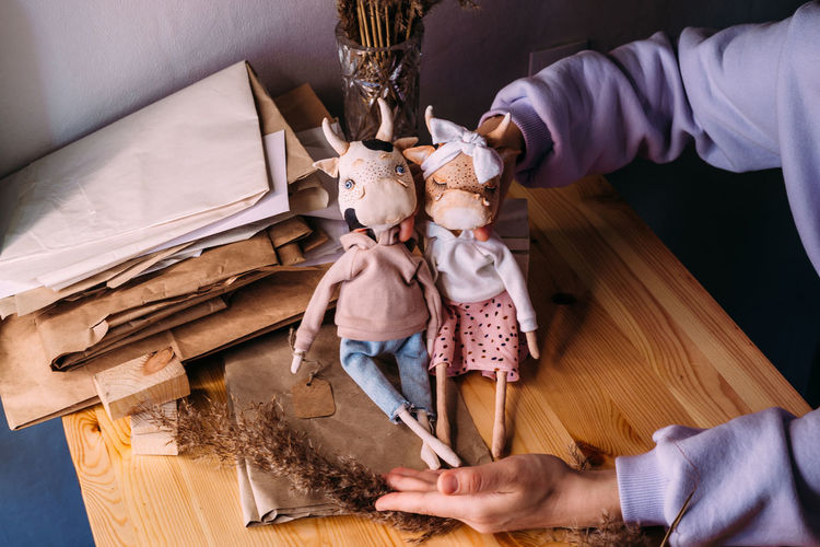 High angle view of people with toy at home