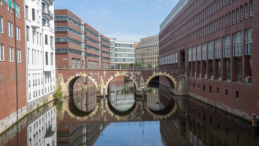 Bridge over canal by buildings in city against sky