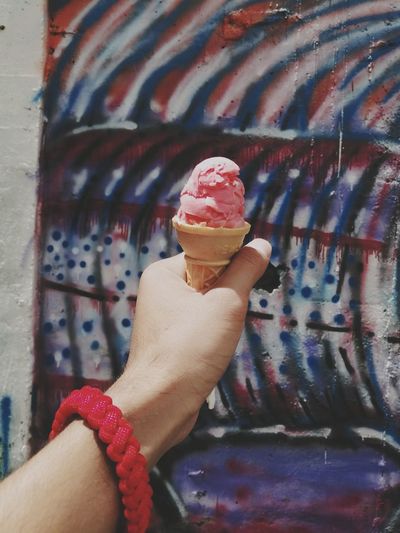 Hand holding ice cream cone. 