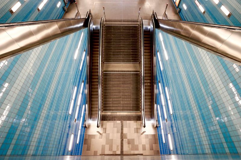High angle view of steps and escalators