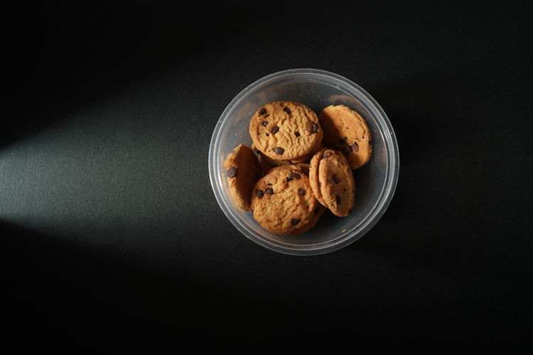 High angle view of cookies in bowl on table